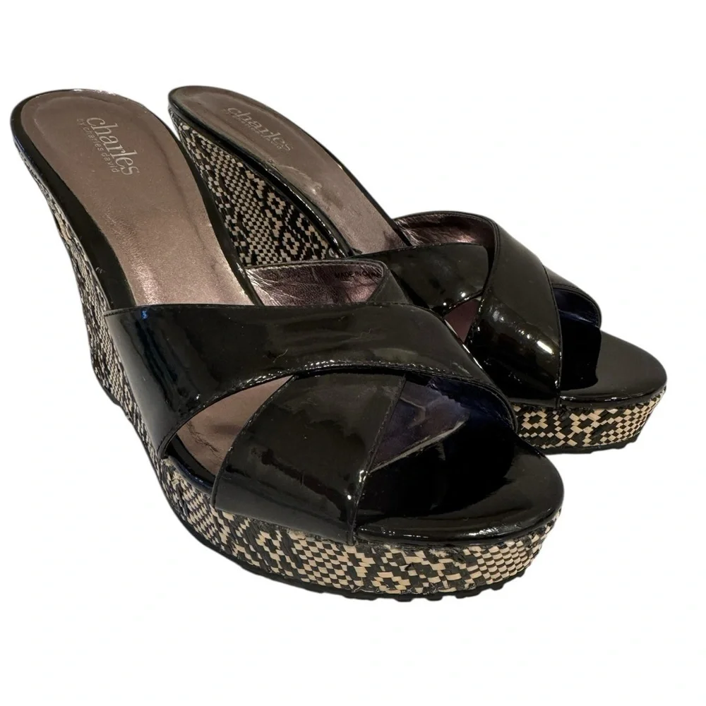 Charlies Black Patent Mules with Woven Detail Size: 8